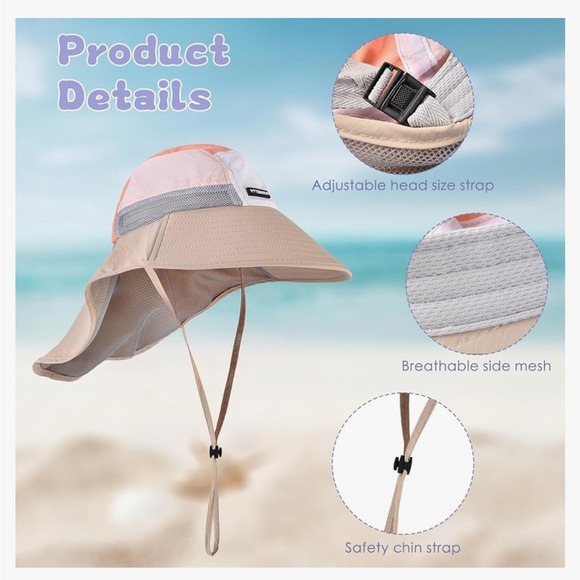 Moon Kitty Kids Sun Hat with Neck Flap - Beige, White, and Orange - Picture 3 of 11